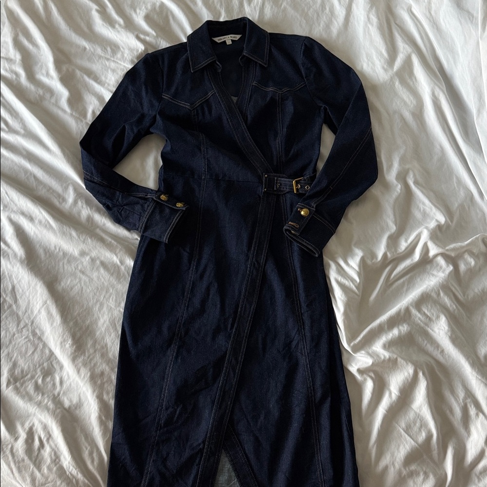 Veronica Beard Arlington Denim Wrap Dress blue midi long sleeve deep v - Picture 2 of 6